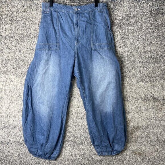 Pilcro Pants Womens 32 Blue Denim Barrel Leg Elastic Cuff Patch Pockets Jogger - Picture 1 of 8